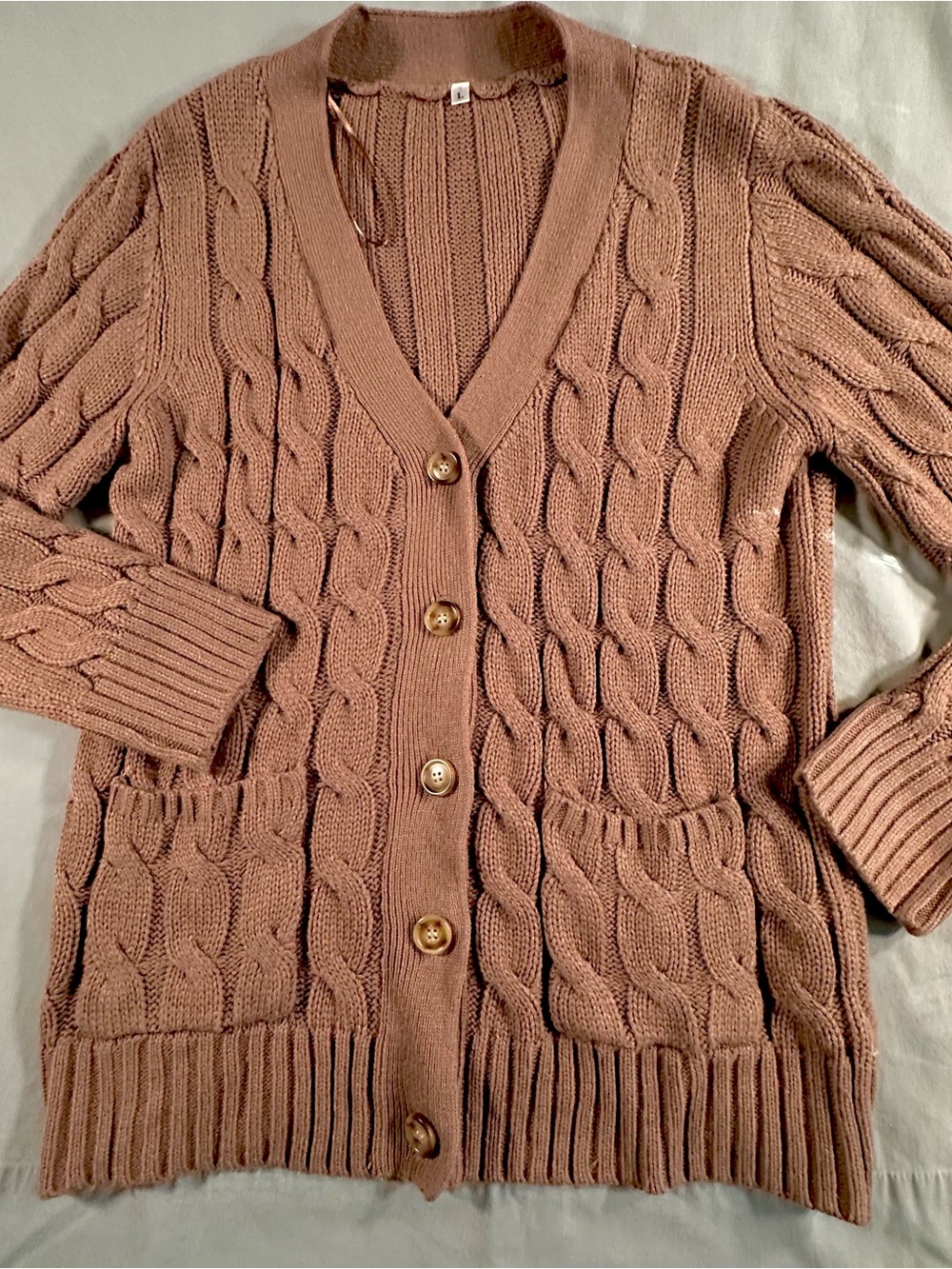 Cable Knit Button-Front Cardigan Sweater in Dusty Rose